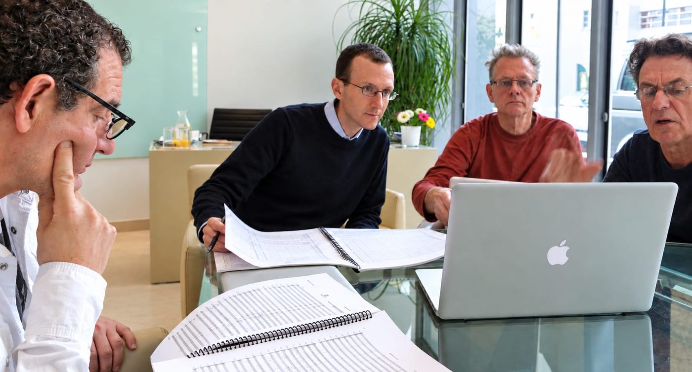 Philip Rothman and collaborators reviewing printed scores together at a table with a laptop.